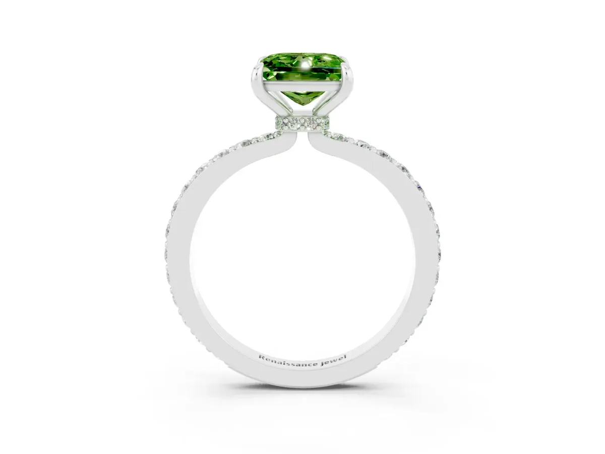 Princess Cut Peridot Solitaire Engagement Ring with Pavé Band and Four-Prong Setting Silver