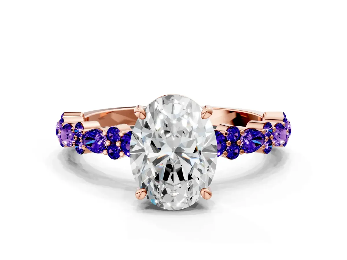 Oval Cut Diamond Side Stone Solitaire Ring with Round Tanzanite and Four-Prong Setting Rose gold