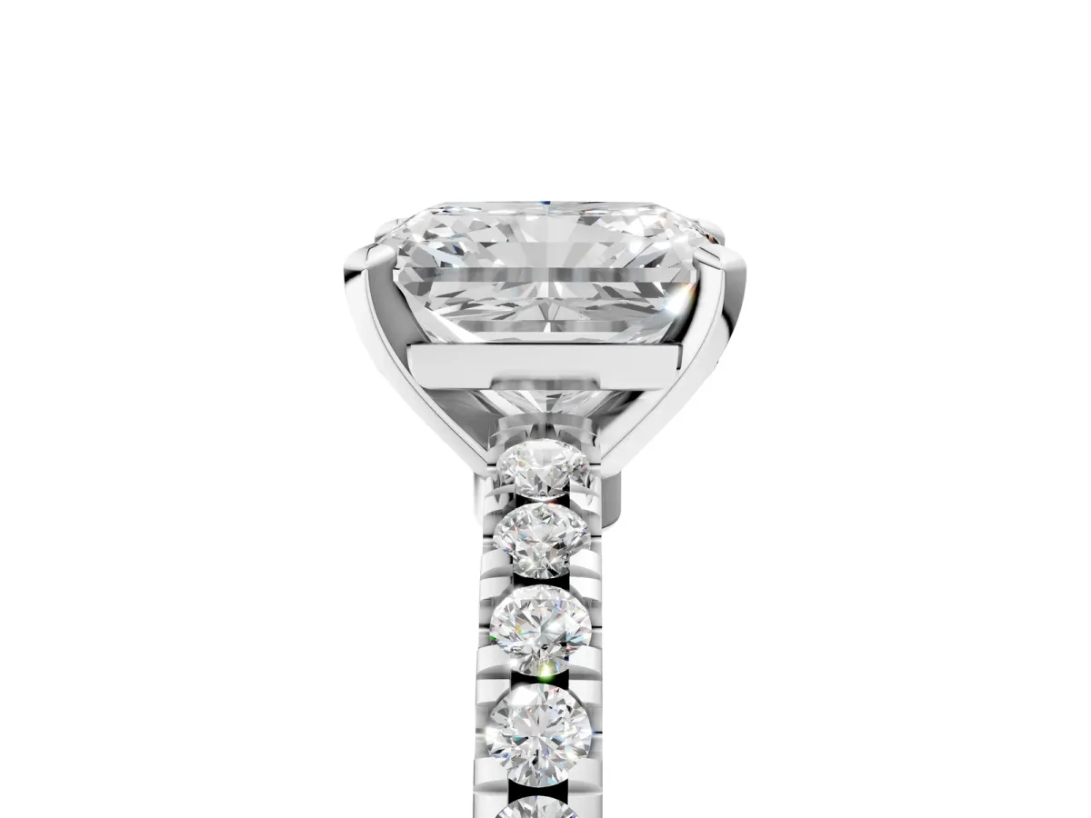 Radiant Cut Solitaire Diamond with Pavé Band and Four-Prong Setting Silver