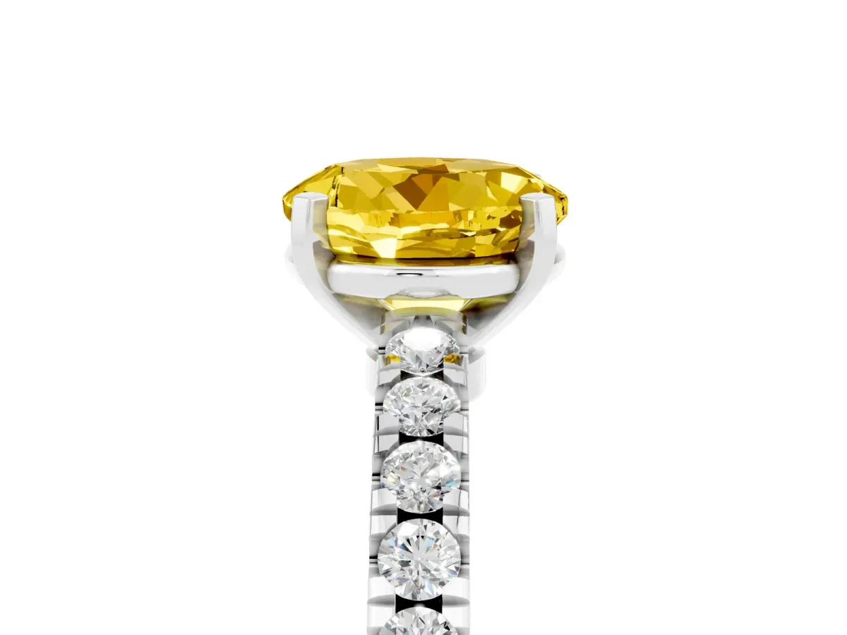Round Cut Solitaire Yellow Sapphire with Pavé Band and Four-Prong Setting Silver