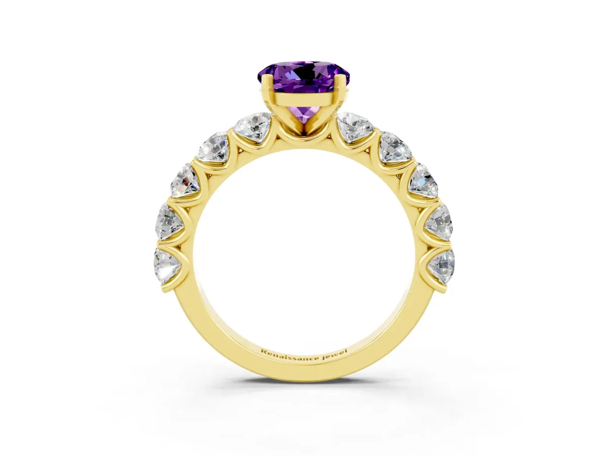Round Cut Amethyst Prong Setting with Side Stones on a Pave Band Yellow gold