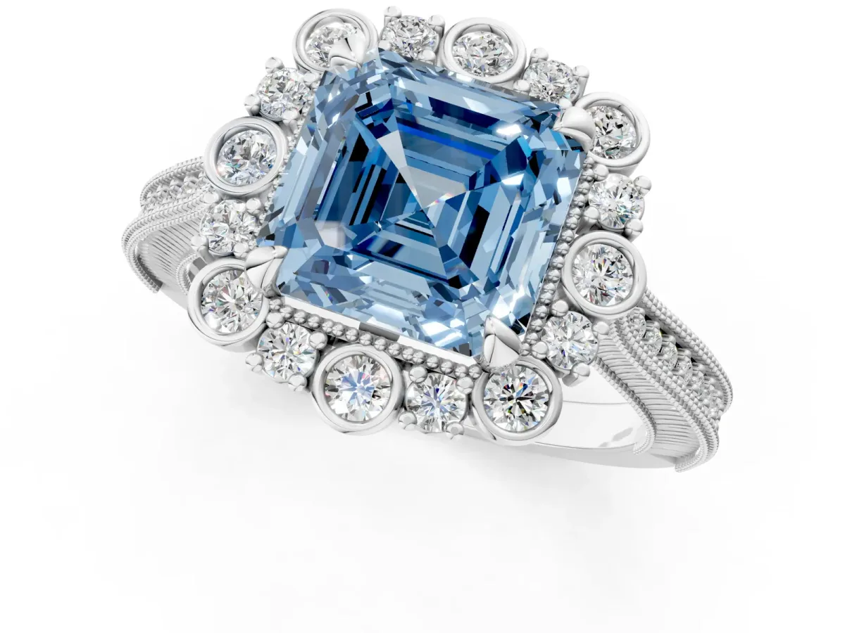 Fancy Blue Asscher Cut Halo Milgrain Pave Diamond Ring with Four-Prong Setting Platinum