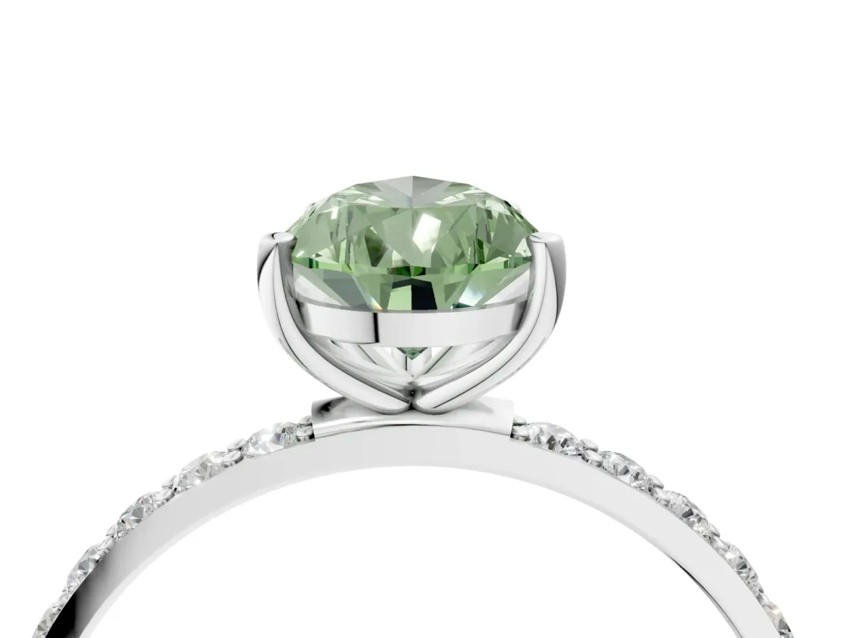 Fancy Green Pear Cut Diamond Solitaire Ring with Round Pavé Shoulders and Prong Setting White gold
