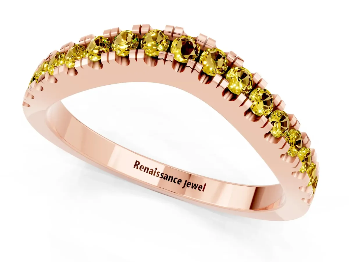 Round Yellow Sapphire Pavé Curved Band with Shared Prong Setting Rose gold