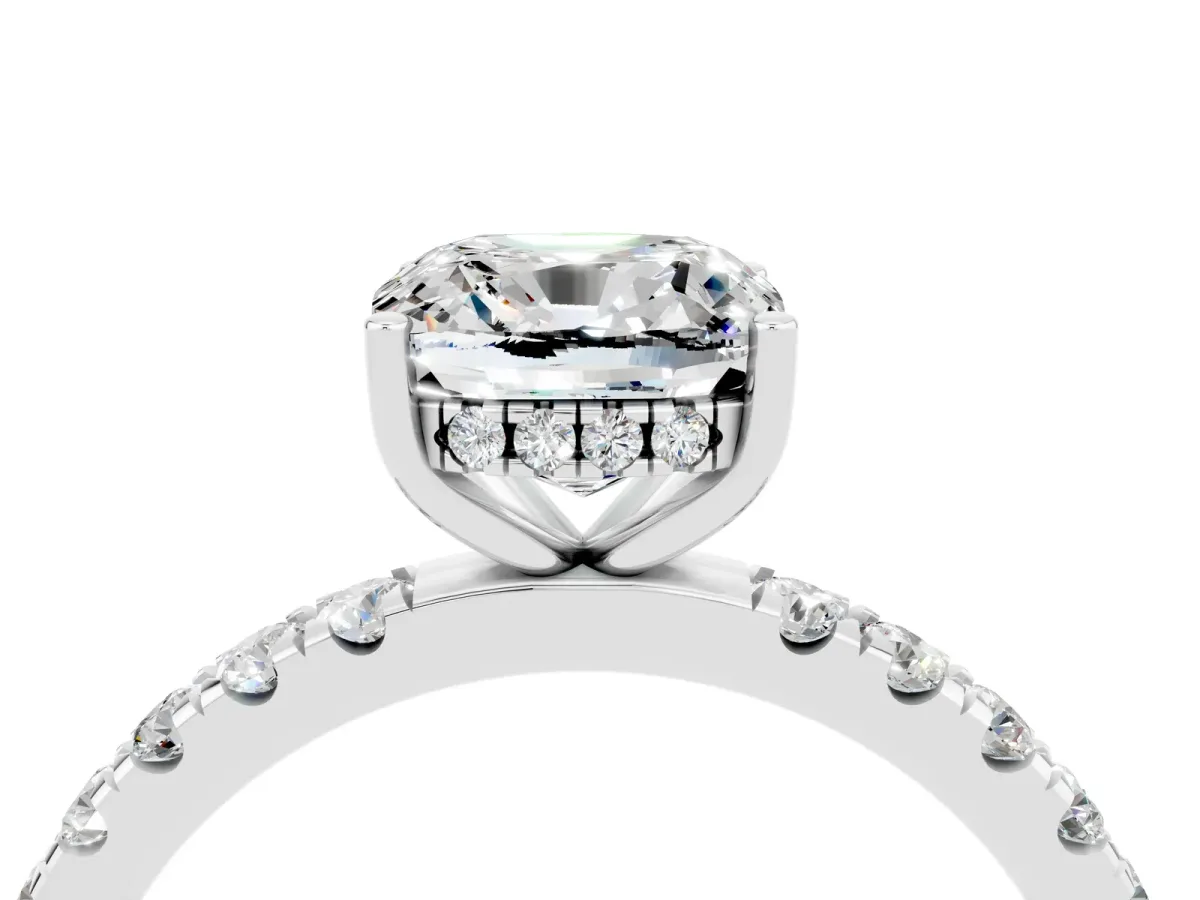 Cushion Cut Moissanite Pave Band Solitaire Ring with Round and Prong Setting Platinum