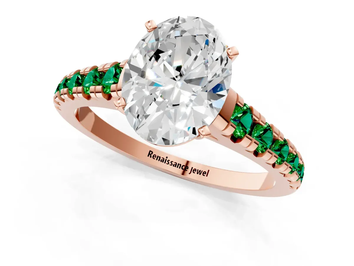Oval Cut Diamond Cathedral Solitaire Ring with Round Emerald Pavé Band Rose gold