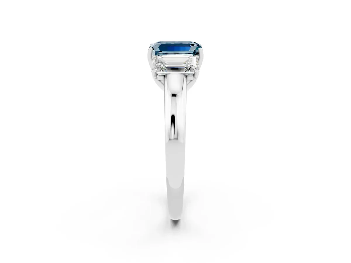 Emerald Cut Aquamarine Three-Stone Ring with Four-Prong Setting and Classic Band Silver
