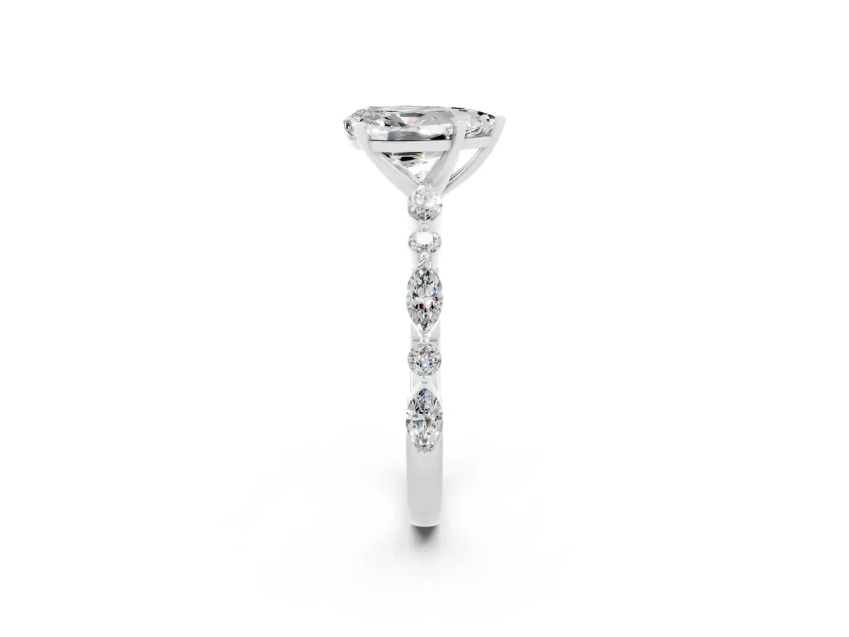 Pear Cut Moissanite Ring with Marquise and Round Side Stones and Four-Prong Setting Silver