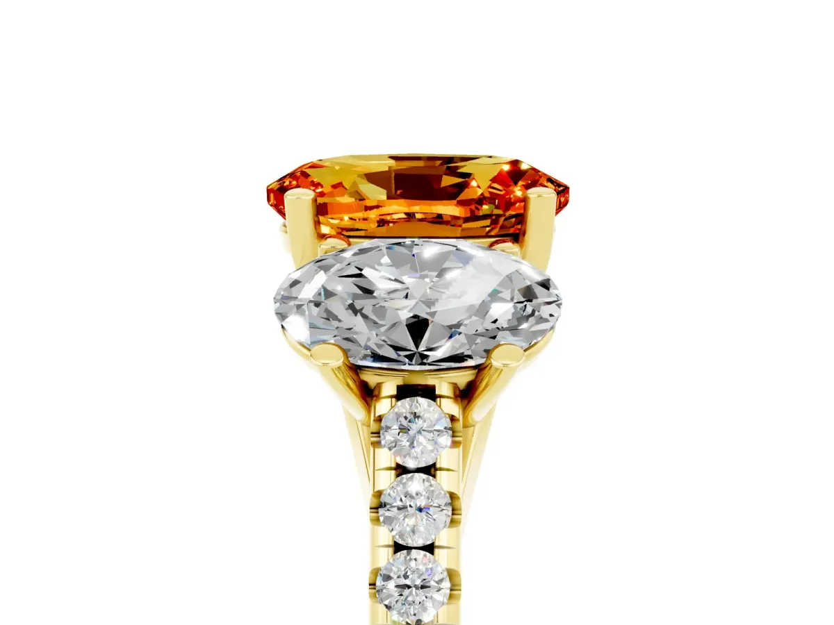 Three-Stone Oval Cut Citrine Ring with Round Pavé Band and Prong Setting Yellow gold