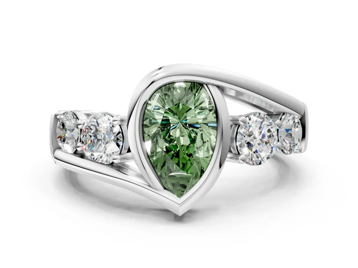 Fancy Green Bezel Set Pear Cut Diamond Bypass Ring with Round Accents Silver