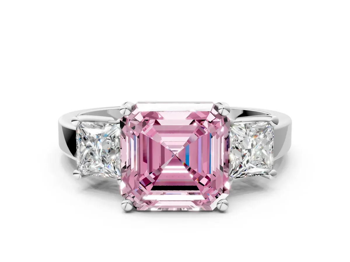 Fancy Pink Three-Stone Asscher Cut Cut Solitaire Ring with Prong Setting Platinum