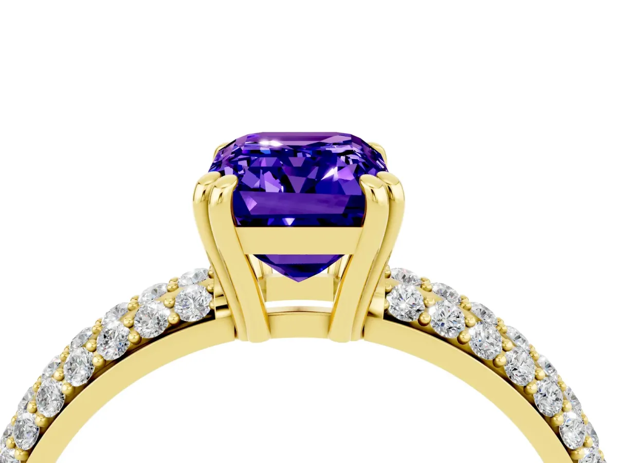 Emerald Cut Tanzanite Vintage Milgrain Ring with Round Stations Yellow gold