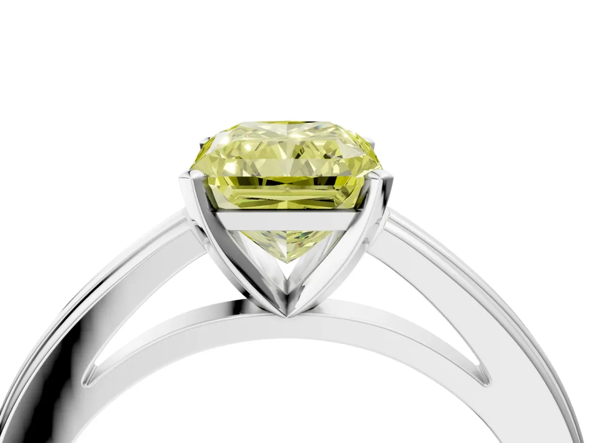 Fancy Yellow Radiant Cut Solitaire Diamond Ring with Four-Prong Setting and Classic Band Platinum