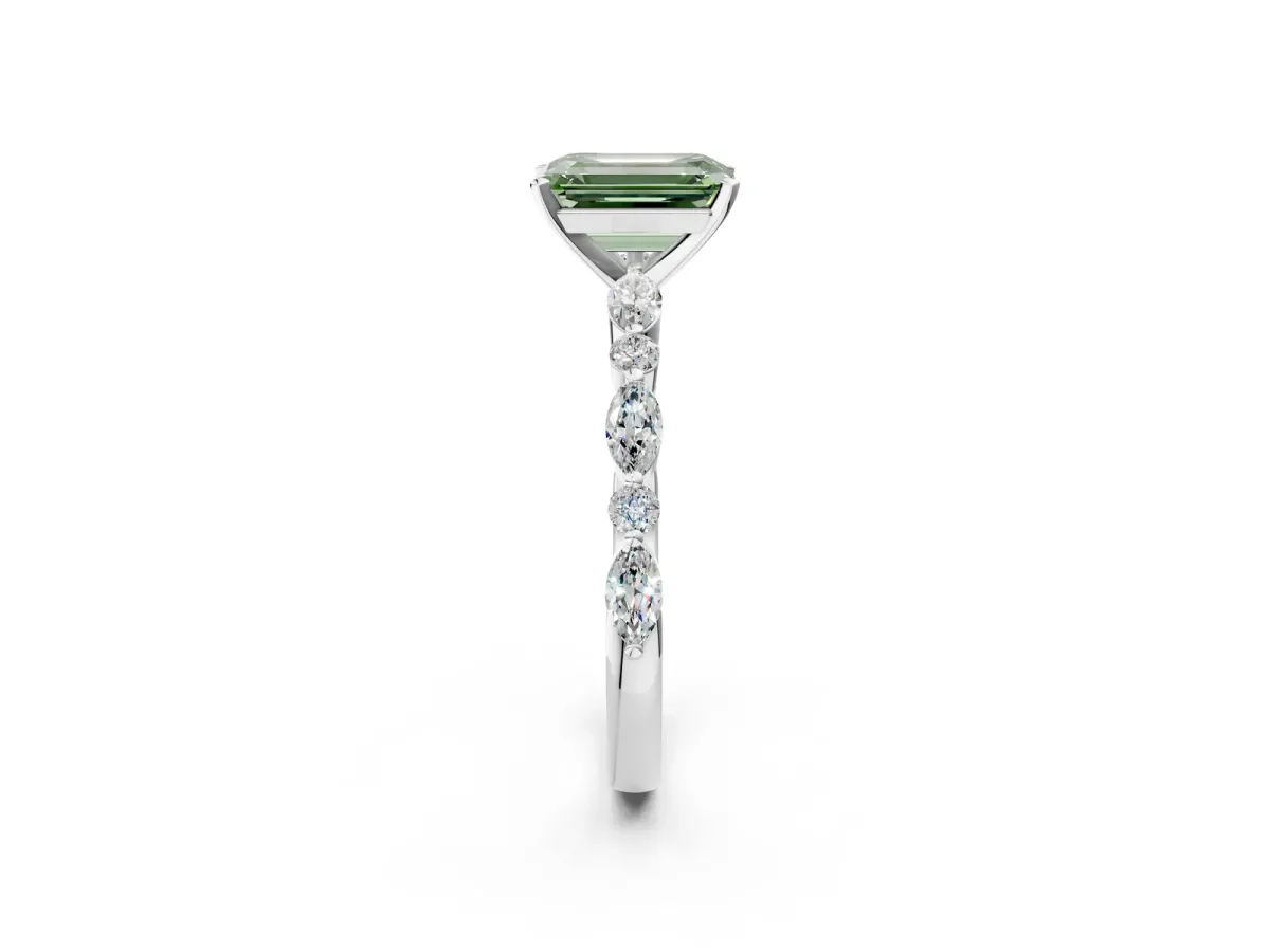 Fancy Green Emerald Cut Diamond Ring with Marquise and Round Side Stones and Four-Prong Setting Silver