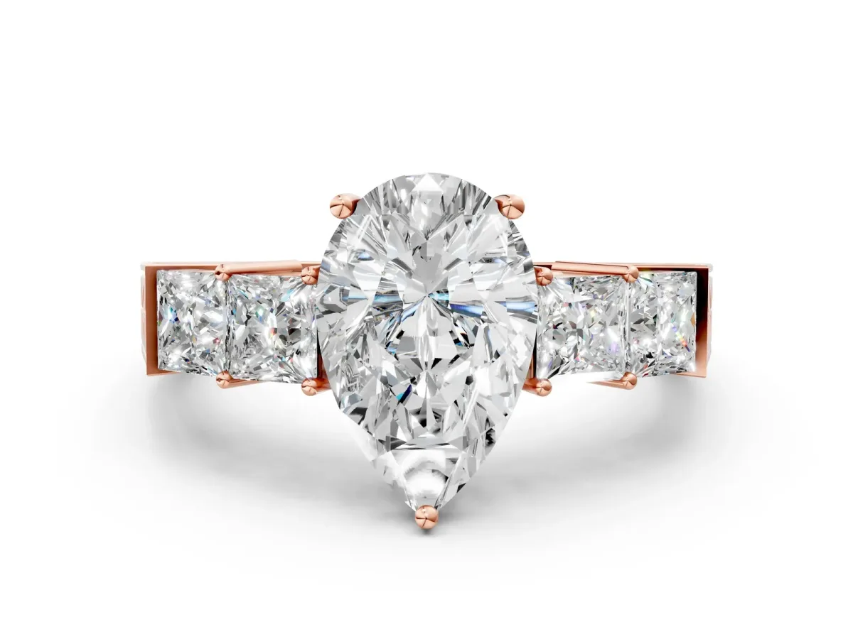 Pear Cut Solitaire Princess Side Stone Engraved Band Prong Setting Ring Rose gold