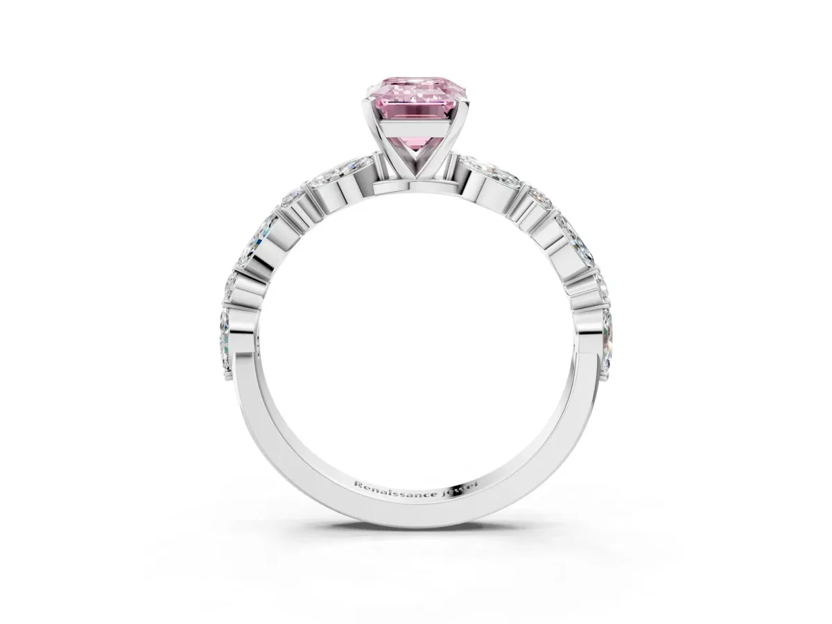 Fancy Pink Emerald Cut Diamond Ring with Marquise and Round Side Stones and Four-Prong Setting Silver