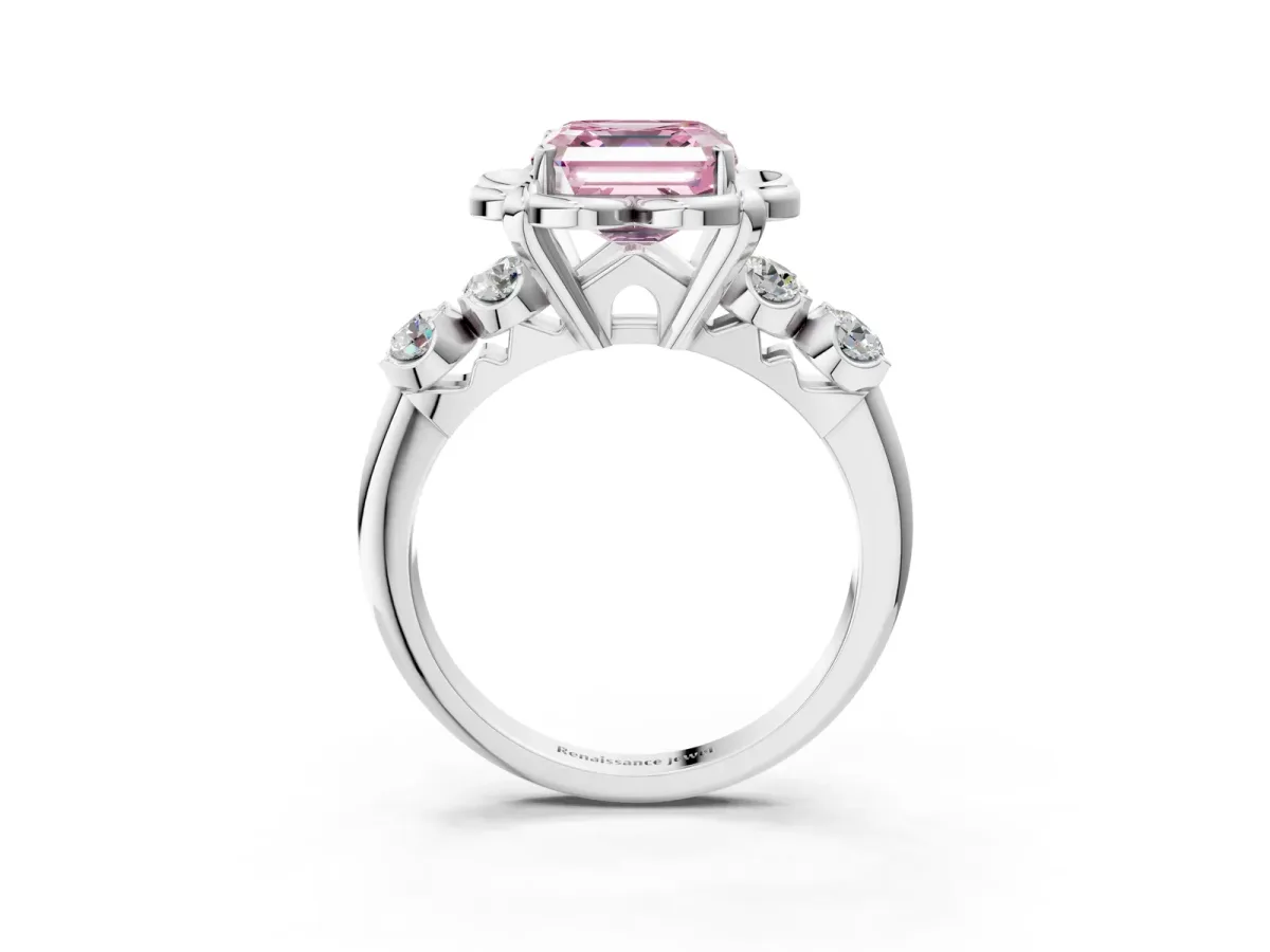 Fancy Pink Asscher Cut Cut Diamond Floral Halo Engagement Ring with Shared Prong Setting Silver