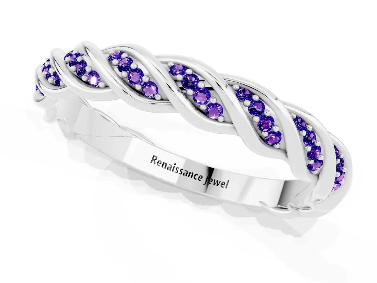 Twisted Pavé Round Tanzanite Eternity Band with Shared Prong Setting Silver