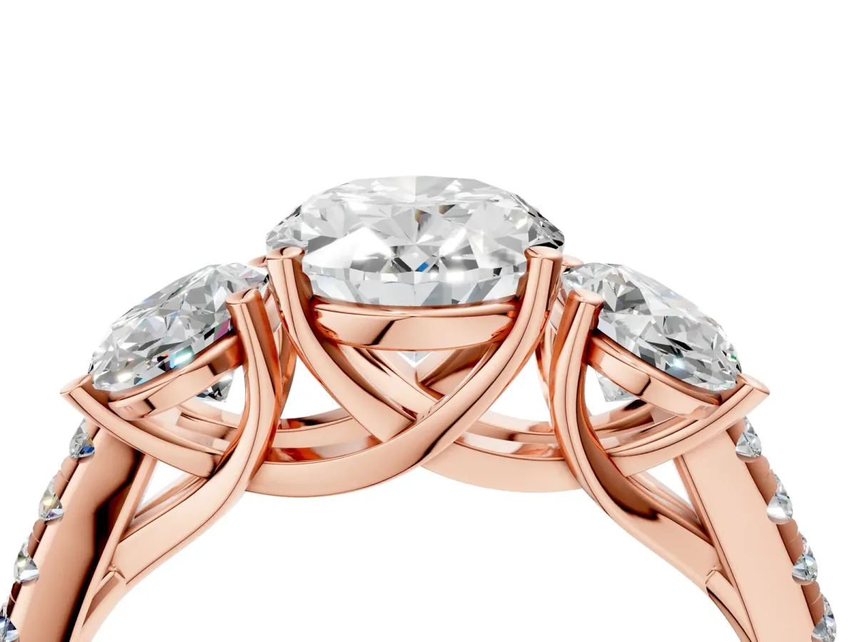 Three-Stone Oval Cut Diamond Ring with Round Pavé Band and Prong Setting Rose gold