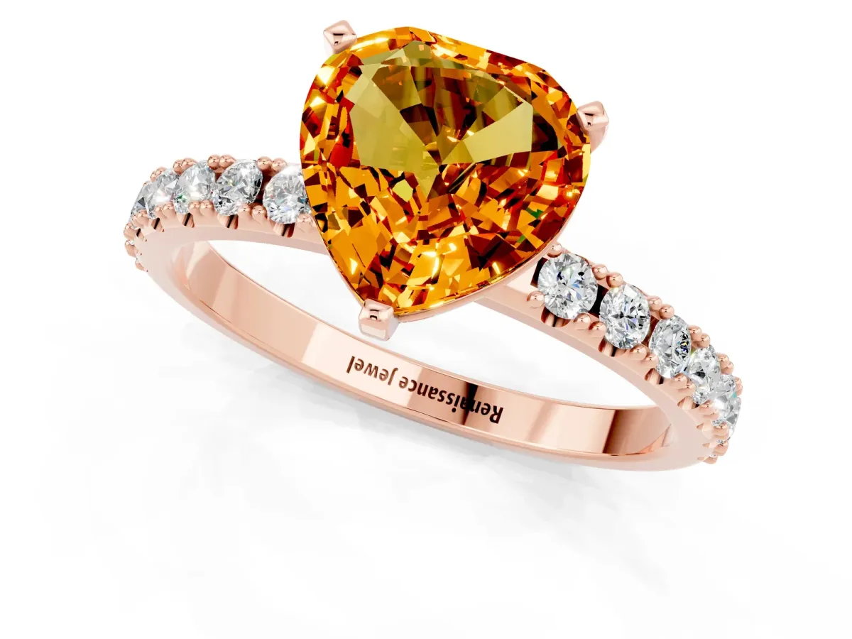 Heart Cut Citrine Solitaire Pavé Band with Four-Prong Setting Rose gold
