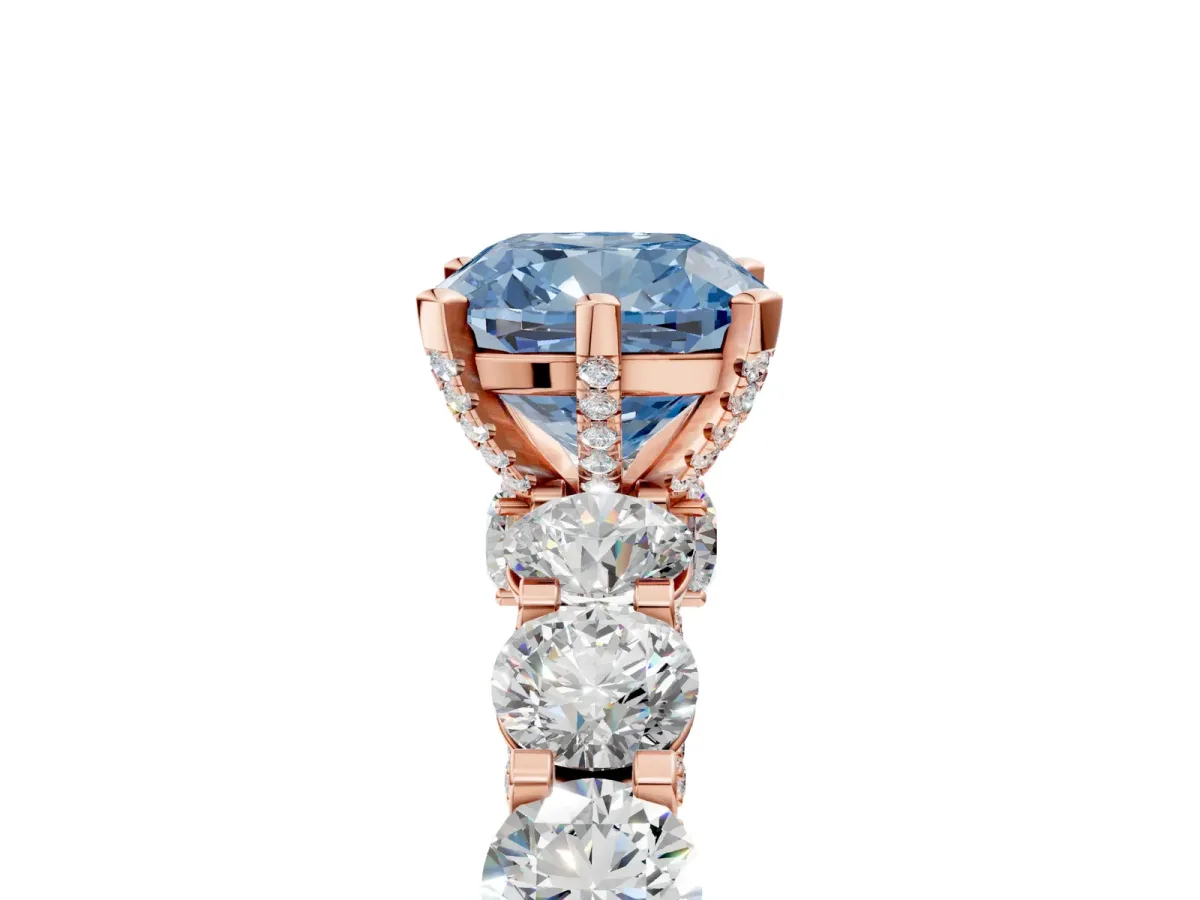 Fancy Blue Cushion Cut Diamond Side Stone Engagement Ring with Four-Prong Setting Rose gold