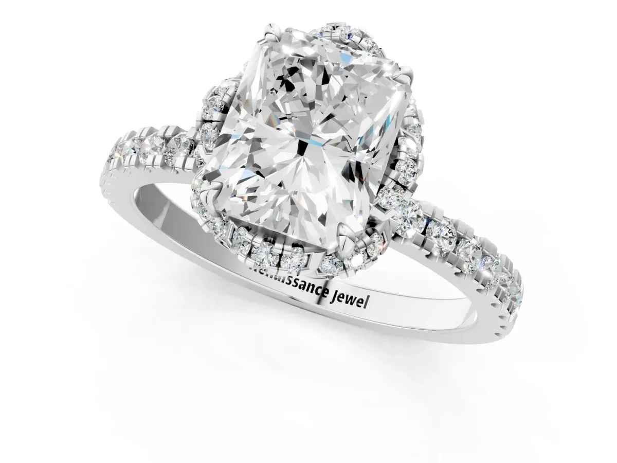 Radiant Cut Halo Diamond Pave Band Ring with Four-Prong Setting Platinum