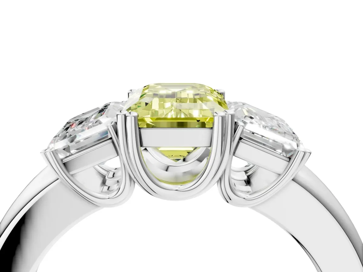 Fancy Yellow Three-Stone Emerald Cut Cut Diamond Ring with Channel Set Band and Four-Prong Setting Silver