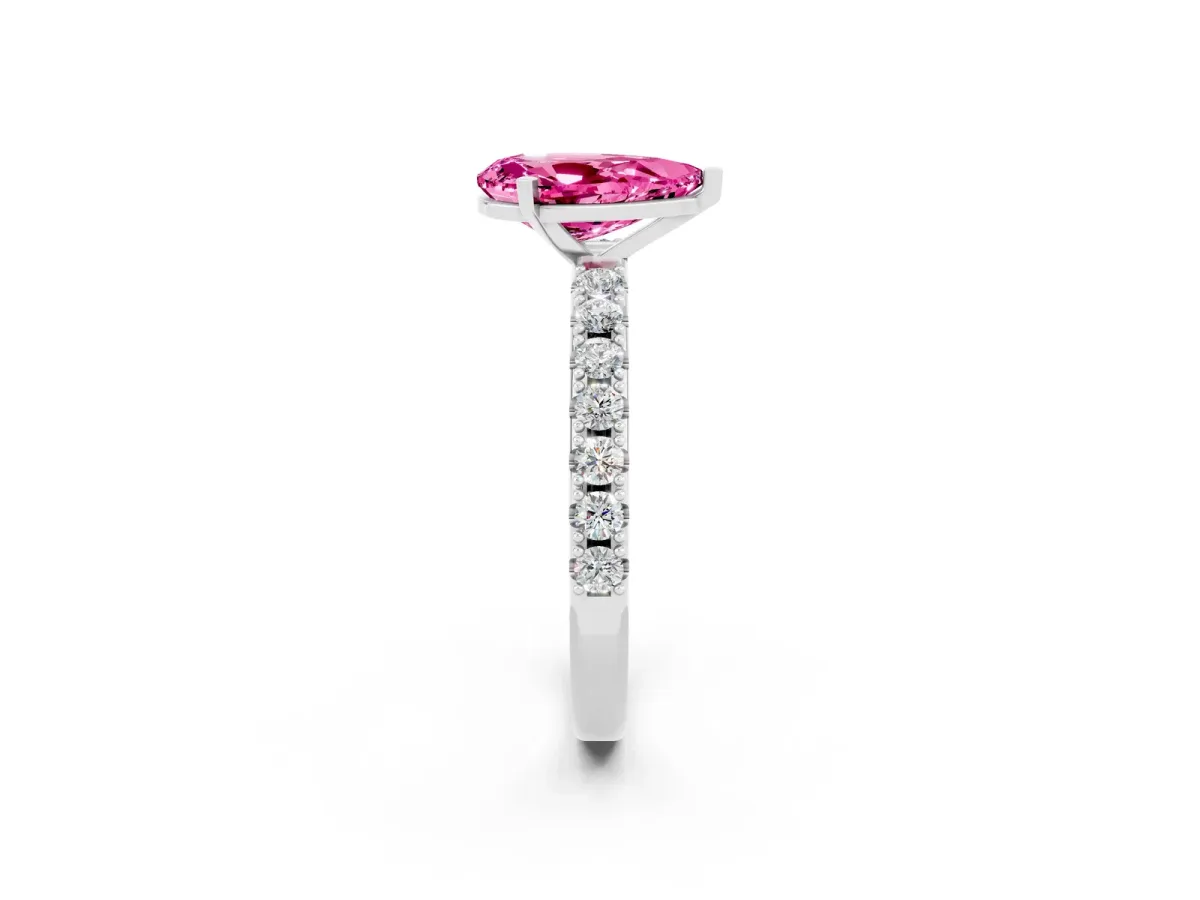 Pear Cut Pink Sapphire Solitaire Pavé Band with Four-Prong Setting Silver