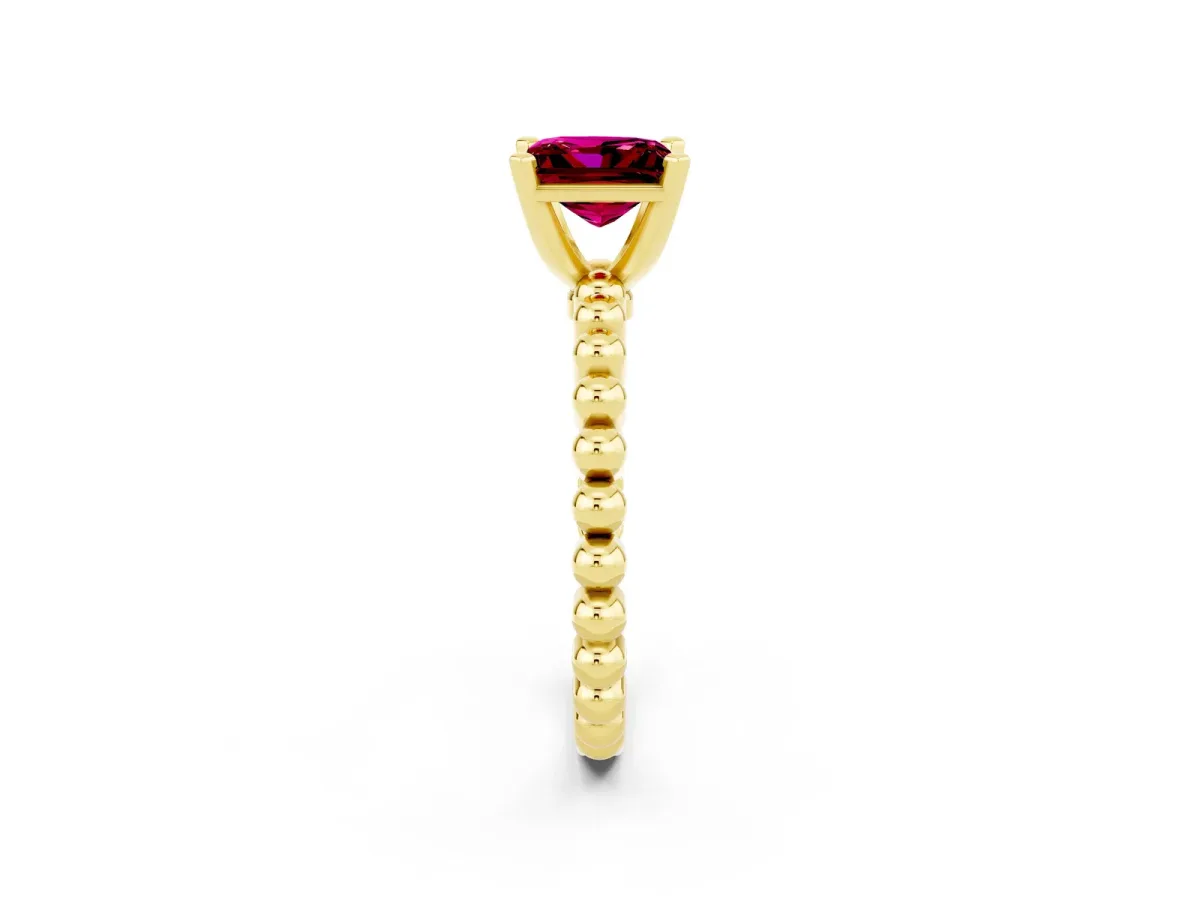 Princess Cut Garnet Solitaire Ring with Beaded Band and Prong Setting Yellow gold