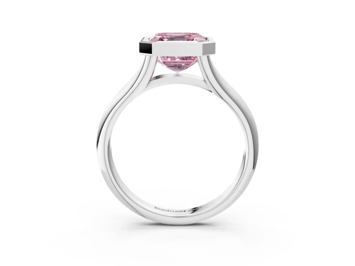 Fancy Pink Bezel Set Asscher Cut Solitaire Diamond Ring with Smooth Band Platinum