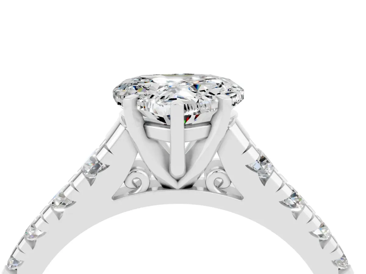 Heart Cut Moissanite Cathedral Solitaire Ring with Round Pavé Band Silver