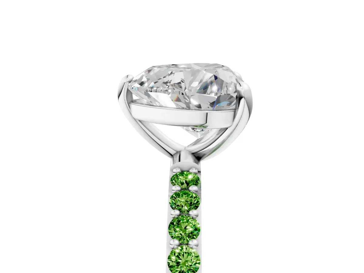 Heart Cut Diamond Solitaire Ring with Round Peridot Pavé Band and Prong Setting Silver