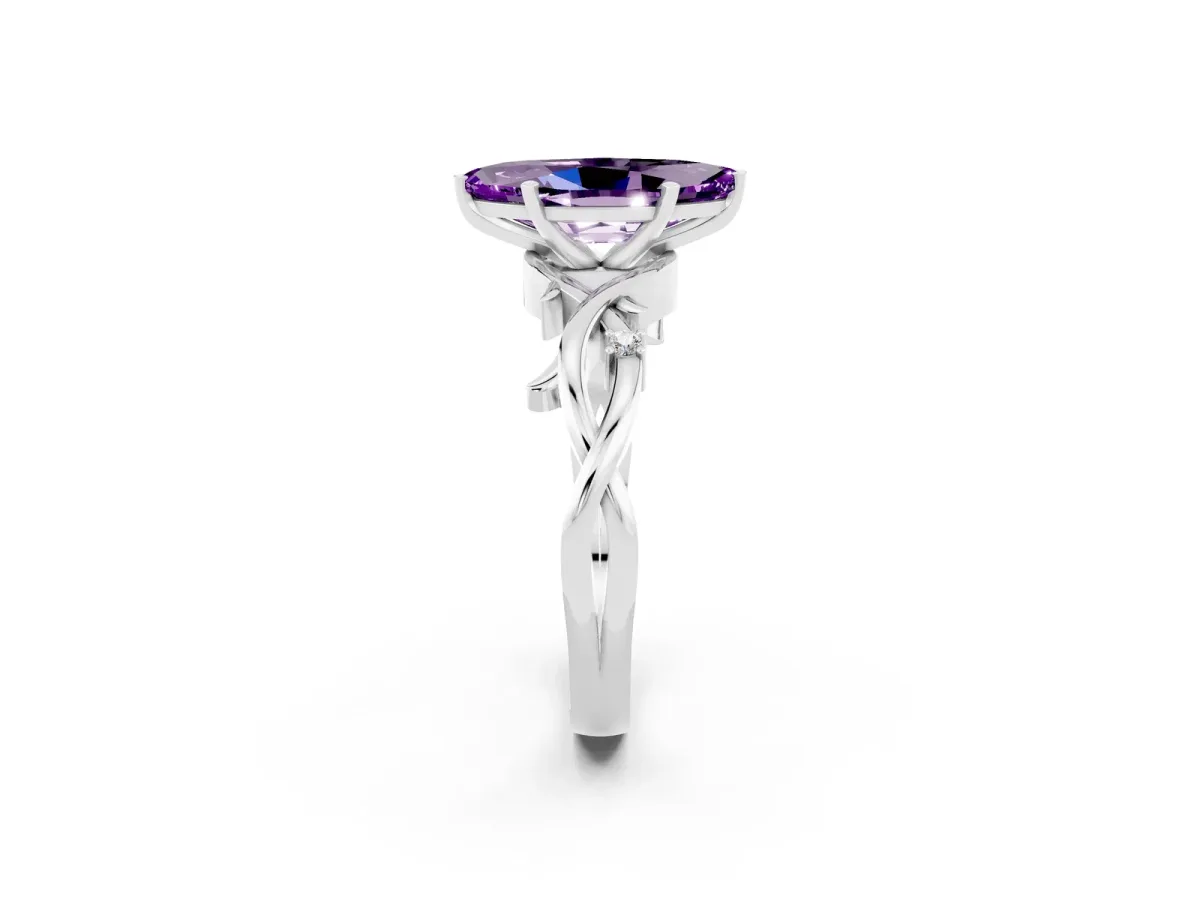 Marquise Cut Amethyst Solitaire Ring with Milgrain Pavé Band and Four-Prong Setting Silver