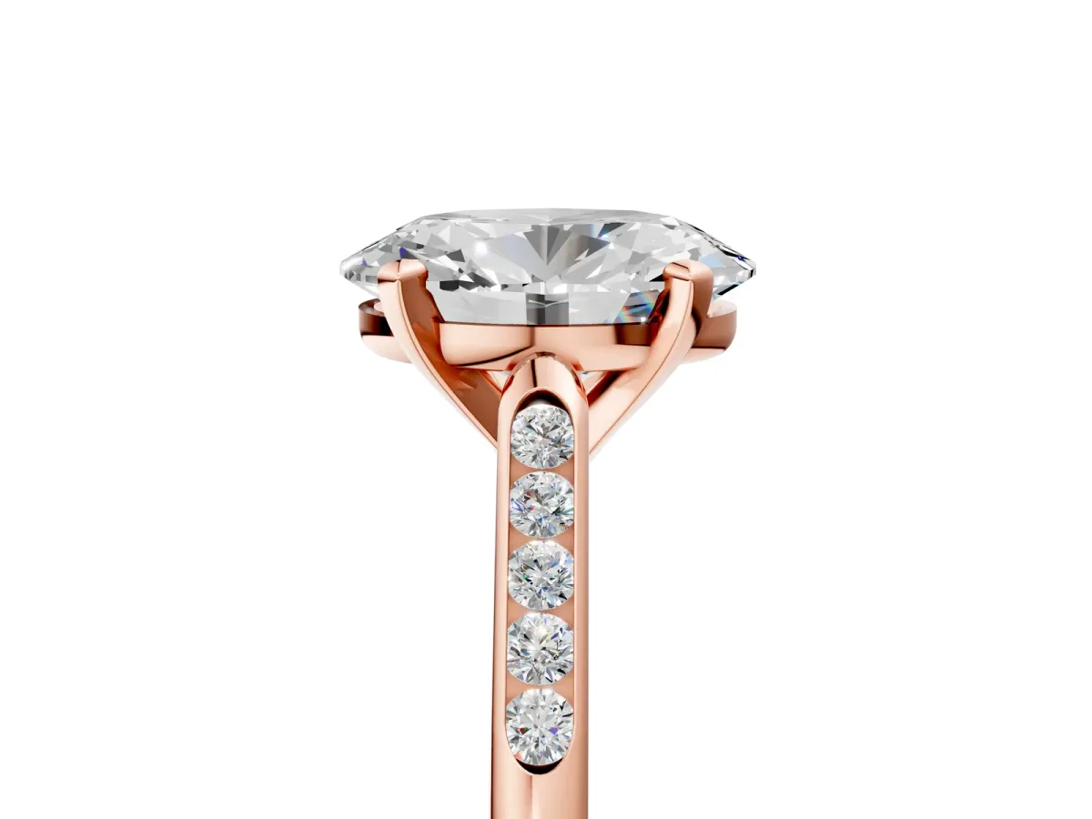 Oval Cut Diamond Solitaire Ring with Channel Set Round Band and Prong Setting Rose gold