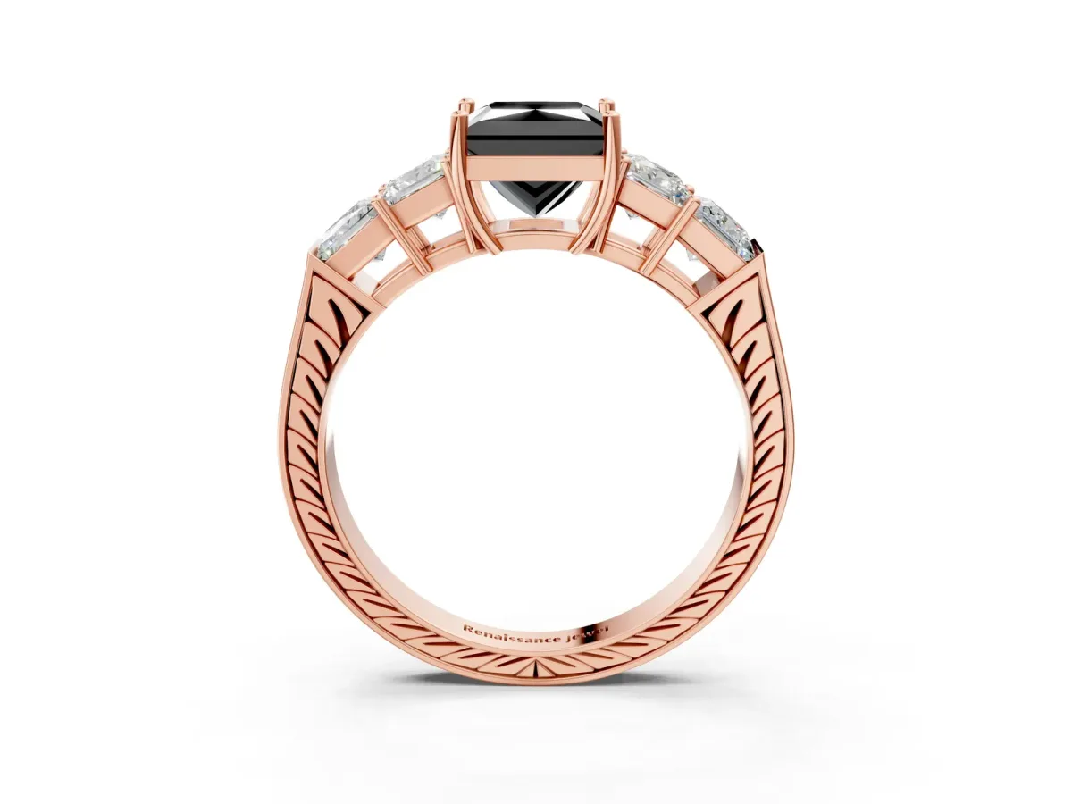 Fancy Black Princess Cut Solitaire Princess Side Stone Engraved Band Prong Setting Ring Rose gold