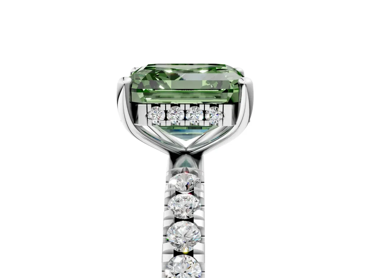 Fancy Green Asscher Cut Diamond Pave Band Solitaire Ring with Round and Prong Setting Platinum