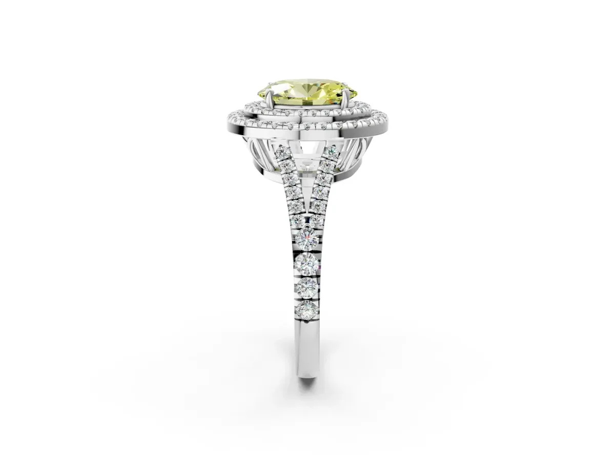 Fancy Yellow Oval Cut Diamond Double Halo Ring with Pavé Band and Prong Setting Silver