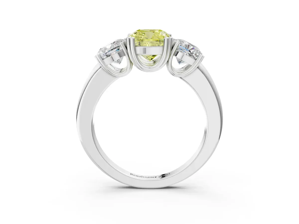 Fancy Yellow Three-Stone Cushion Cut Cut Diamond Ring with Channel Set Band and Four-Prong Setting Silver