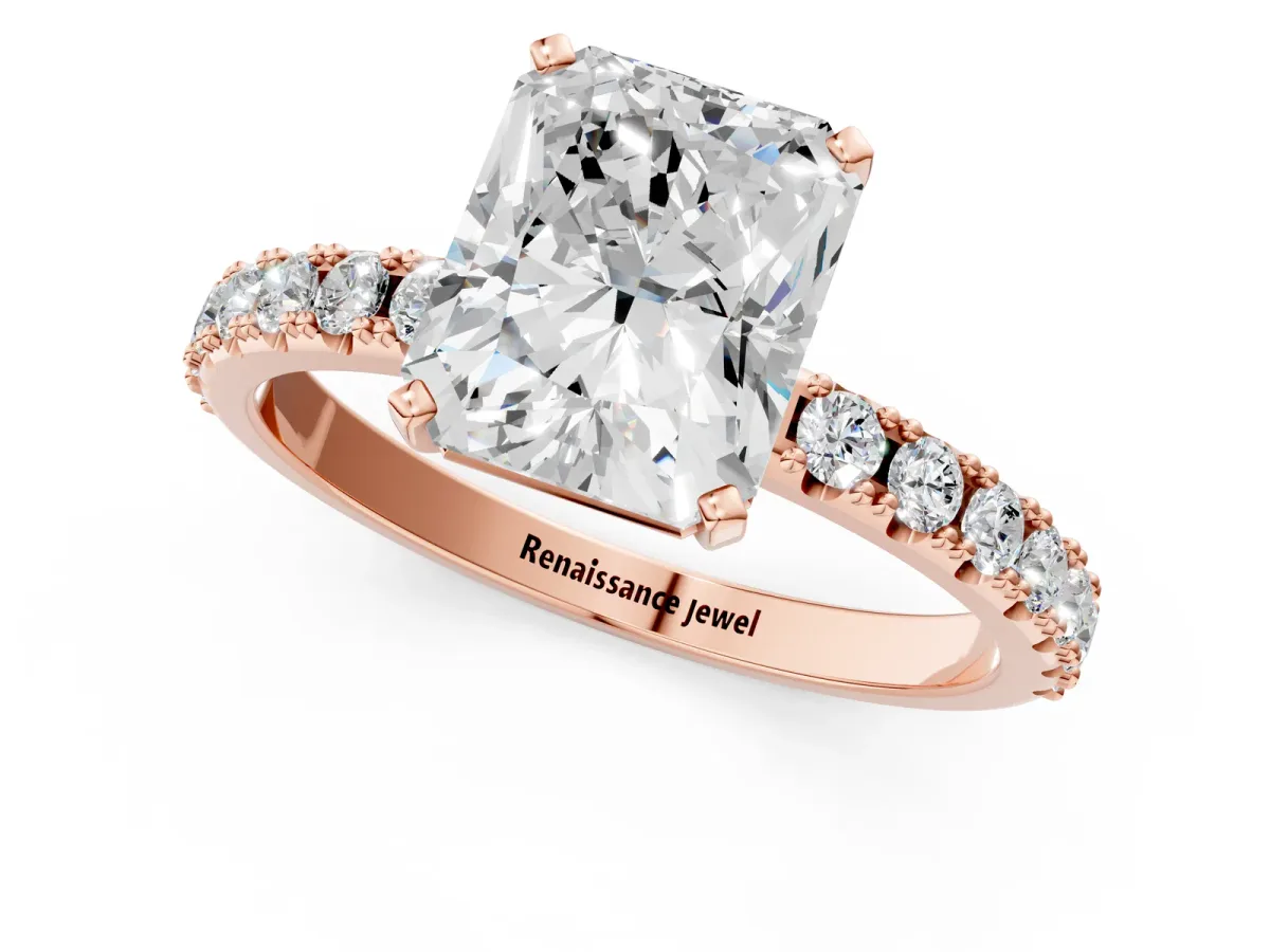 Radiant Cut Diamond Solitaire Pavé Band with Four-Prong Setting Rose gold