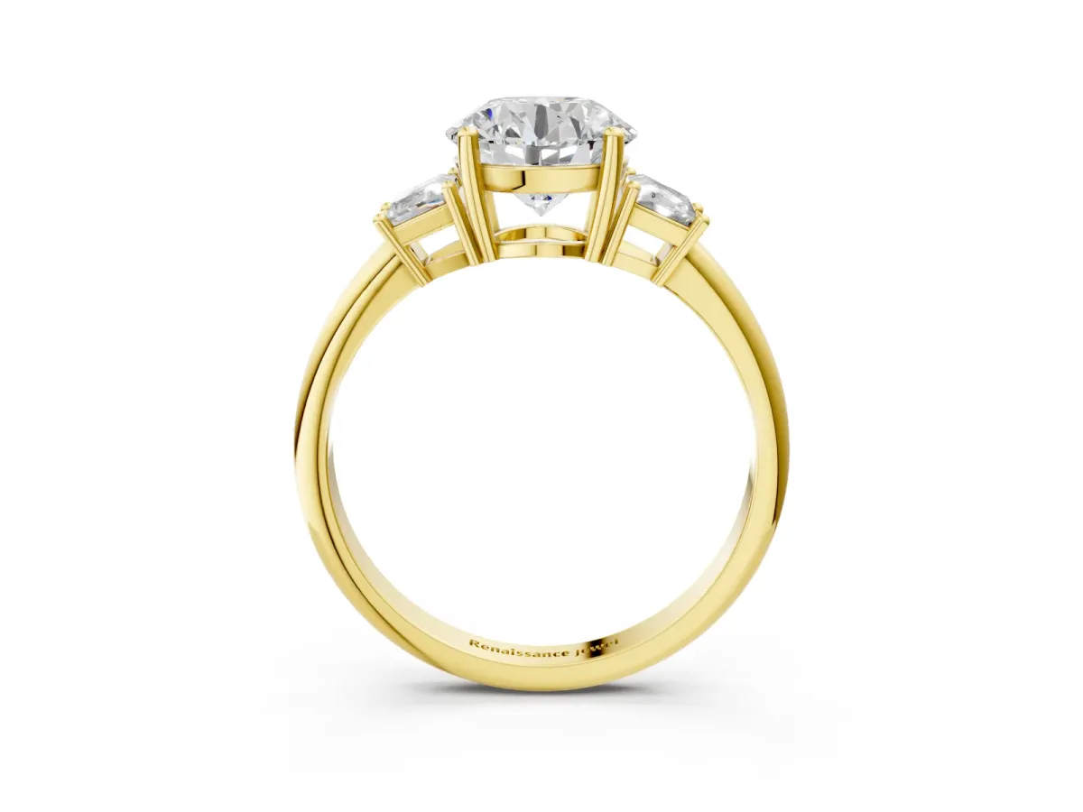 Round Cut Diamond Three-Stone Ring with Trapezoid Side Stones and Prong Setting Yellow gold