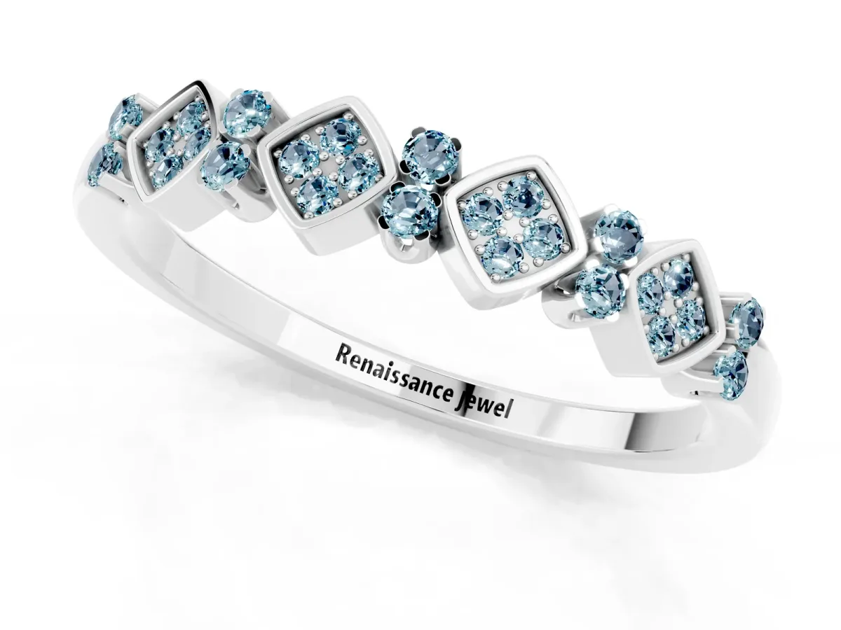 Pavé Cushion Aquamarine Cluster Eternity Band with Prong Setting Silver