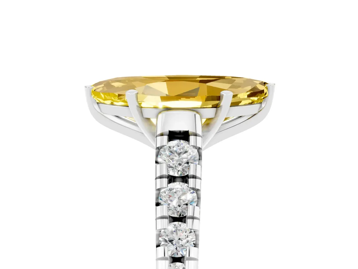 Marquise Cut Yellow Sapphire Cathedral Solitaire Ring with Round Pavé Band Silver