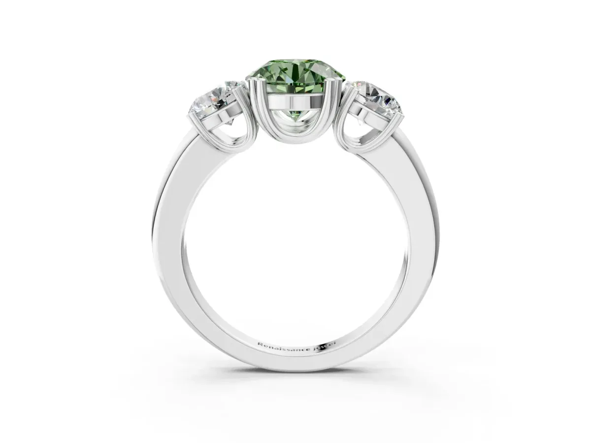 Fancy Green Three-Stone Round Cut Cut Diamond Ring with Channel Set Band and Four-Prong Setting Silver