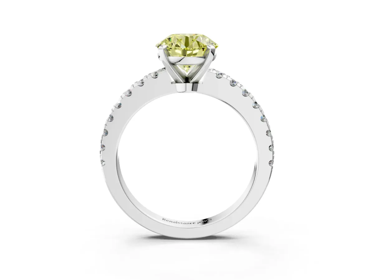 Fancy Yellow Round Cut Solitaire Diamond with Pavé Band and Four-Prong Setting Silver