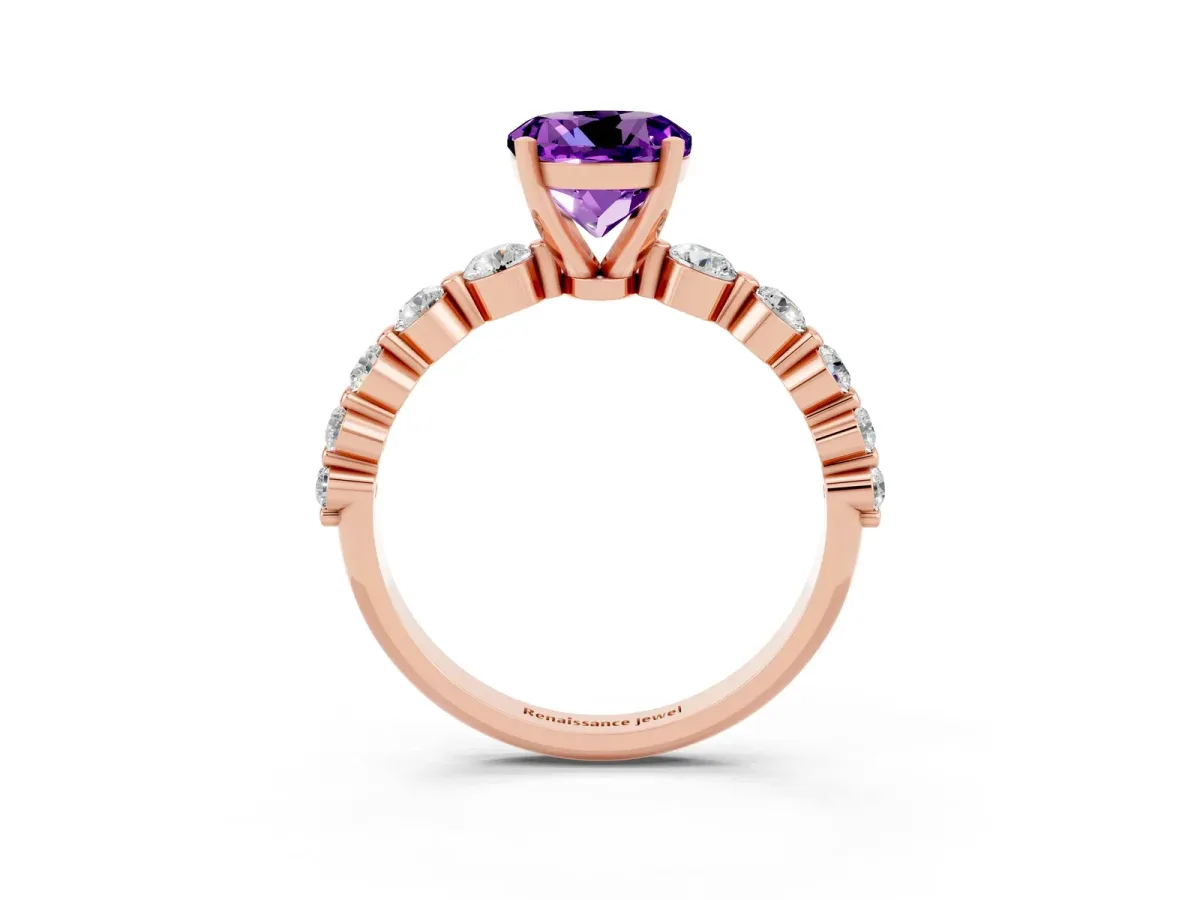 Round Cut Solitaire Amethyst Ring with Pave Band and Four-Prong Setting Rose gold