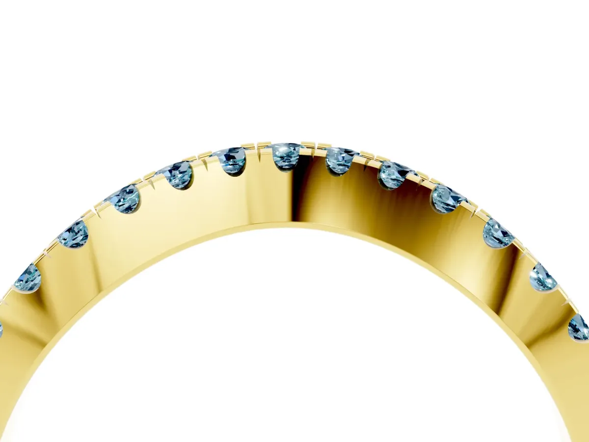 Round Aquamarine Pavé Curved Band with Shared Prong Setting Yellow gold