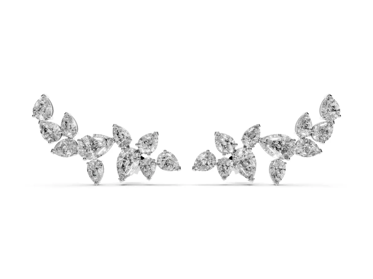 Pear Diamond Curved Cluster Climber Earrings Silver
