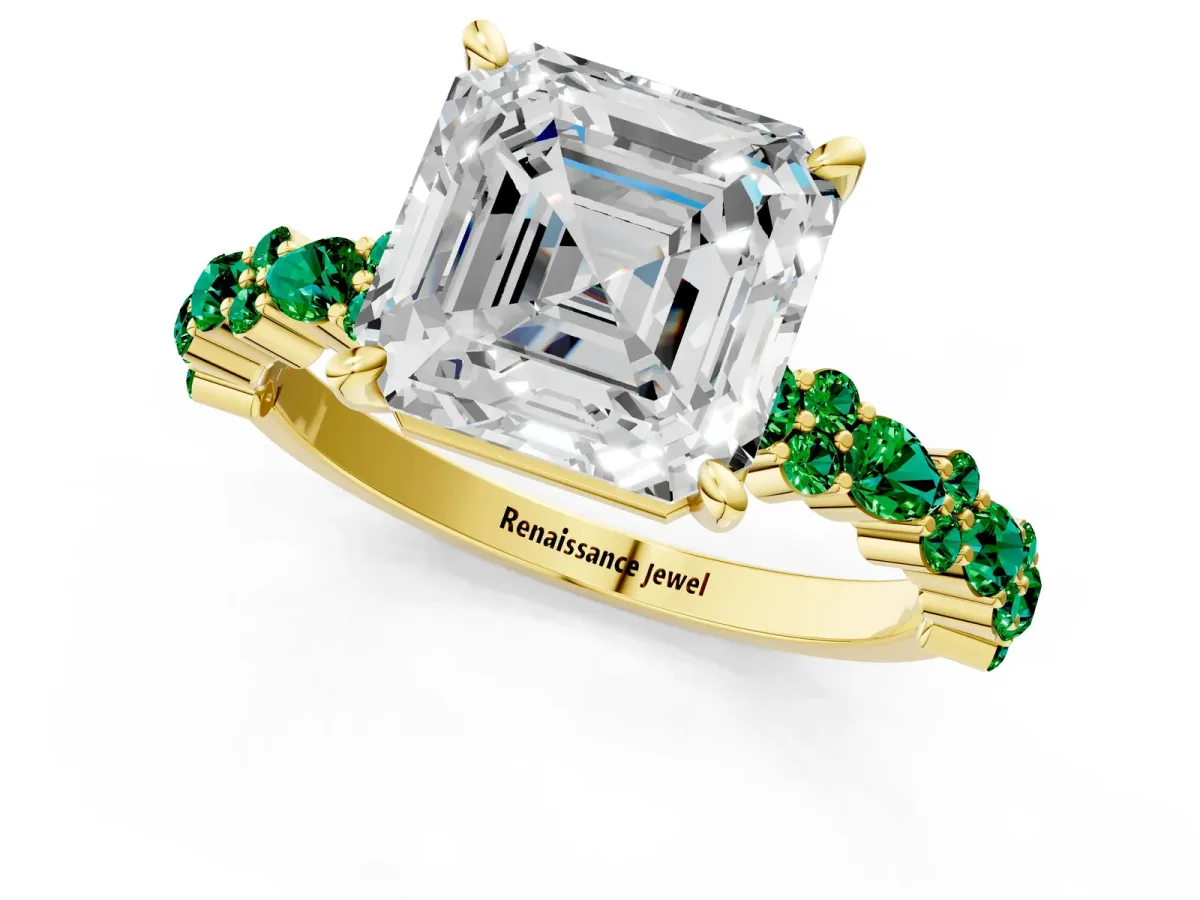 Asscher Cut Diamond Side Stone Solitaire Ring with Round Emerald and Four-Prong Setting Yellow gold