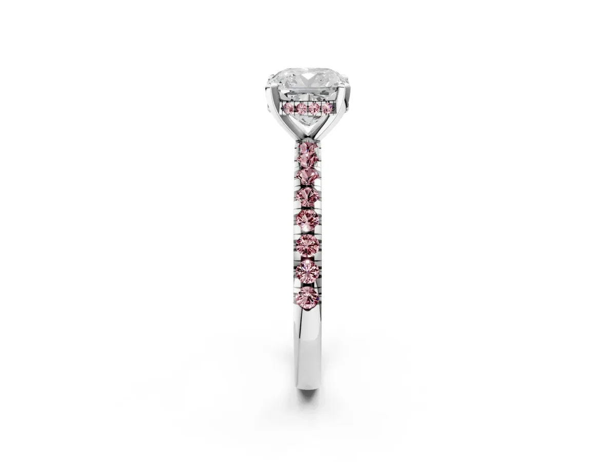 Cushion Cut Diamond Solitaire Ring with Round Morganite Pavé Band and Four-Prong Setting Silver