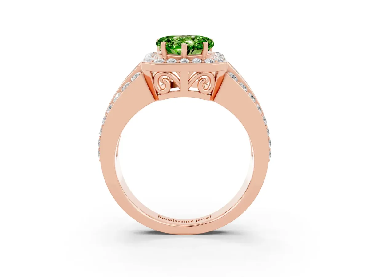 Heart Cut Halo Peridot Ring with Round Split Shank and Prong Setting Rose gold